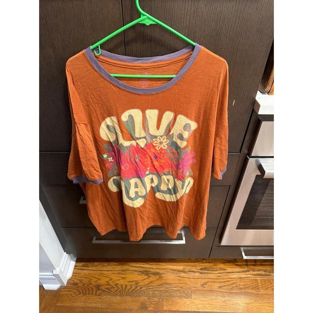 Natural Life "Live Happy" ringer tee in a rust-orange color with grey trim xxl - Picture 1 of 3